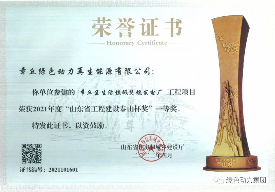 綠色動(dòng)力章丘項目榮獲“泰山杯”一等獎
